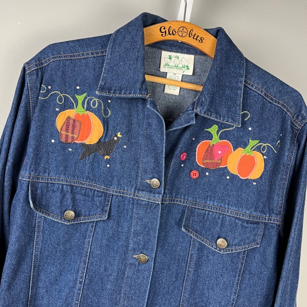 Quacker Factory M Denim Pumpkin Patch Vintage Jacket Womens Embroidered
